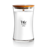 WoodWick hourglass candle front view showing elegant jar and wooden lid benefit: stylish decor