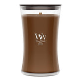 WoodWick humidor front packaging showing elegant hourglass and scent