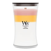 WoodWick(ウッドウィック) front packaging showing fragrant hourglass, creates cozy ambiance