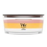 WoodWick(ウッドウィック) front view of Island Getaway trilogy candle showing packaging and benefits