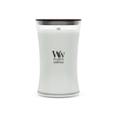WoodWick hourglass candle front view showing elegant glass and balanced fragrance