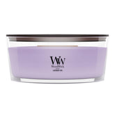 WoodWick Lavender Spa front view showing elegant ellipse jar and calming scent