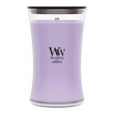 WoodWick(ウッドウィック) front jar view showing calming lavender scent and decorative hourglass