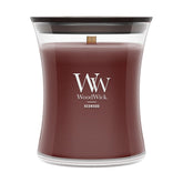 WoodWick Redwood hourglass front packaging showing label and size benefit
