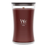 WoodWick(ウッドウィック) hourglass front view showing elegant jar and lid, adds style