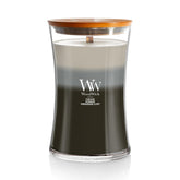 WoodWick hourglass front packaging showing layered warm woods fragrance and gift appeal