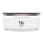 WoodWick(ウッドウィック) front view of Warm Wool ellipse candle, inviting ambiance