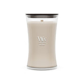 WoodWick wood smoke hourglass front packaging showing elegant glass and scent