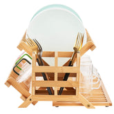 Worthyeah front view of three-tier bamboo rack showing organized dishes and tidy counter