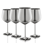 WOTOR front view of four polished stainless steel wine glasses showing elegant presentation and durability