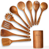 WOTTISH front view of 10-piece wooden utensil set, organized and ready to cook