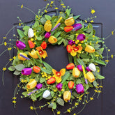 wreathqueen front door display showing full-color tulip wreath for curb appeal
