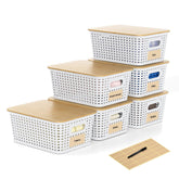 Wrrlors front view of six white baskets showing tidy storage