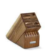 Wüsthof acacia block front view showing 17 slots and organized storage benefit
