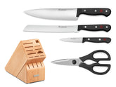Wüsthof front view of full 5-piece set in block, organized storage benefit