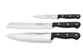 Wüsthof three-piece set front packaging showing knives and black handles, clear benefit