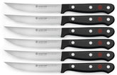 Wüsthof front view of six-piece steak knife set showing matching black handles and blades