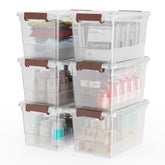 WYT front view of six clear storage bins showing tidy uniform stack and space savings