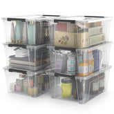 WYT front view of six clear storage bins showing compact pack and tidy look