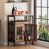 X-cosrack front view of rustic bar cabinet showing compact storage benefit