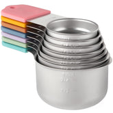 X-zrew front view of seven magnetic stainless steel measuring cups showing sizes and finish