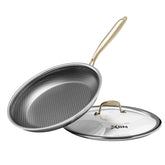 XBM front view of 12-inch nonstick pan showing sleek stainless finish and lid benefit cook control