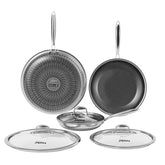 XBM front packaging showing the three-piece honeycomb nonstick set and key features