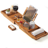 XcE teak caddy front view showing full expandable length and features