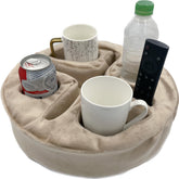 Xchouxer front view beige cup holder showing organized drinks and remotes benefit stability