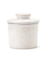 XELA butter crock front view in speckled white showing elegant form and kitchen-ready look