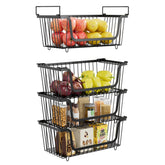 XILIDIA front view of stacked black wire baskets showing space saving benefit