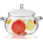 XJLVSV front view of clear glass saucepan showing elegant design and versatile cook-to-serve benefit
