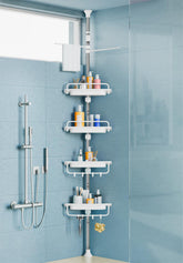 XLHOMO front view of corner shower caddy showing tidy vertical storage and easy reach