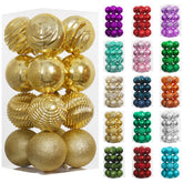 XmasExp front pack view showing 16 gold shatterproof ornaments and easy hanging benefit