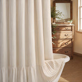 XOGUIBO front view of cream-beige striped shower curtain showing farmhouse charm