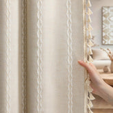 XOGUIBO front view full beige panel showing blackout coverage and boho style