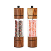 XWXO acacia wood grinders front view showing clear acrylic and wood finish, elegant table benefit