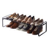 YAMAZAKI front view of black shoe rack showing organized pairs and neat entryway benefit