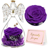 Yamonic angel front view showing purple preserved rose and angel silhouette, elegant gift