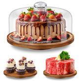 Yangbaga front view wooden cake stand with glass dome shows elegant display and protection