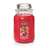Yankee Candle front view of Home for the Holidays jar showing label and lid benefit ambient fragrance