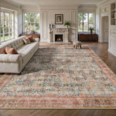 Yarooge front view showing rust clay vintage rug and room anchoring benefit