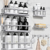 YASONIC front view of six-piece shower caddy set showing shelves and accessories, tidy storage benefit