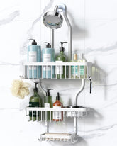 YASONIC front view over shower head shows tidy storage and space-saving benefit