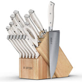 Yatoshi front packaging shows full white block set and organized knives benefit quick access