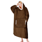 yescool front view of brown wearable blanket hoodie showing cozy fit and hood
