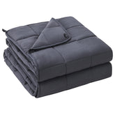 yescool front view showing twin-size grey blanket and packaging, clear product benefit
