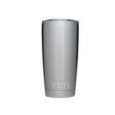 YETI Rambler front view showing durable stainless steel and cup-holder fit benefit