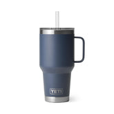 YETI Rambler front view navy shows sturdy travel cup and capacity benefit