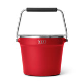 YETI Rambler beverage bucket front view showing Rescue Red finish and durable build